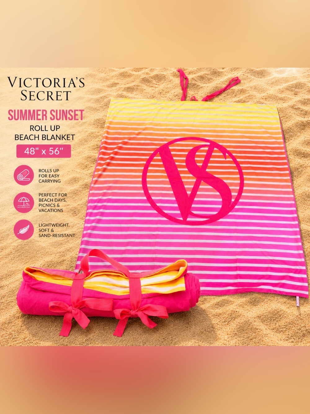 Victoria's Secret Summer Sunset Roll Up Beach Blanket Mat Pink Striped 48x56 VS